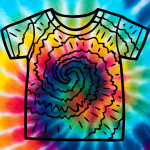 Line art of a t-shirt superimposed over a background of a swirl of tie-dye color.