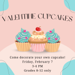 Three cartoon cupcakes under the header "Valentine Cupcakes".