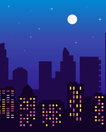 A city skyline at night with skyscrapers
