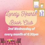 Lonely Hearts Book Club text with family photos and table for two