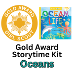 Girl Scout Gold Award Logo, book cover to OCEAN LIVE by Jill McDonald, Gold Award Storytime Kit Ocea
