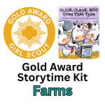 Girl Scout Gold Award Logo, cover to CLICK CLACK MOO COWS THAT TYPE by Doreen Cronin, Gold Award Sto