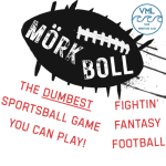A football with spikes on it, bearing the words "Mork Boll." The dumbest sportsball game you can pla