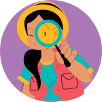 Cartoon girl looking through a magnifying glass