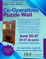 Flyer for June 2026 Co-operatives puzzle wall in teen room.