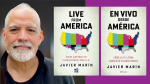 A man in a sweater smiles at the camera. Two book covers read Live From America: How Latino TV Conqu
