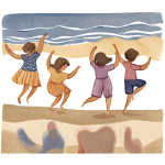 4 children dancing at the beach, watercolor