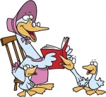 Matronly goose in a rocking chair reads to three goslings 