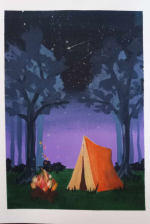 an orange tent sits in a grove of trees at night, with an accompanying campfire