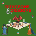 Red lettering spells Dungeons & Dragons on a green background