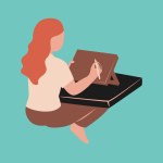 a girl sits at a desk with an easel on it