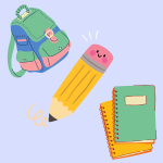 a backpack, pencil, and notebooks on a lavender background