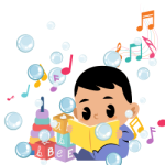 Baby with book in lap and surrounded by toys, bubbles, and colorful music notes.