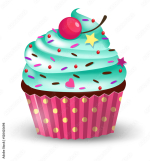 chocolate cupcake with blue frosting and sprinkles.