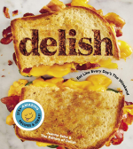 Book cover showing a gooey grilled cheese and bacon sandwich with "delish" burned on to the bread.