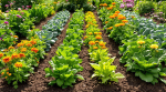 Neatly planted rows of flowers and vegetables.