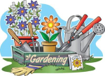 Gardening equipment and plants in a box labeled 'gardening'.