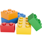 orange, blue, red, orange and green Legos stacked in a random pattern