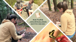 Collage of images showing kids and adults journaling in the forest.