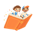 a boy and girl riding on an open flying book.