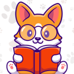 Cartoon corgi with glasses reading a book