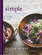 Book cover showing a bowl of salad with blackberries and a skillet of cooked sausages.