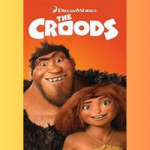 cartoon caveman and woman against orange background