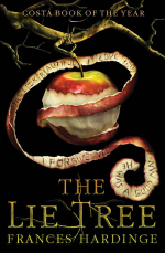 Black book cover showing a peeled apple with writing on the inside of the peel.