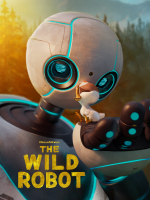 An animated robot nuzzling an animated gosling.