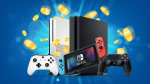 Switch consoles and controllers against a blue background. 