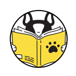 cartoon dog reading a book.