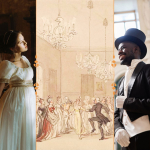 A young White woman in an ivory Regency period dress stands on the left, across from her a young, sm