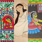 3 vertical panels show 3 different images from Indian art traditions.
