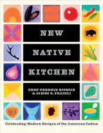Cover of New Native Kitchen with colorful illustrations of traditional ingredients on a white cover.