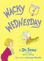 Yellow background with blond girl watching a flying boot with wings