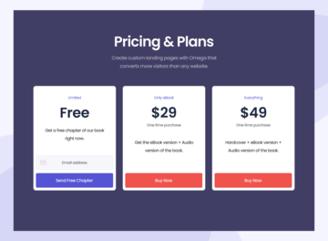  Сards with prices and options' description for the landing page