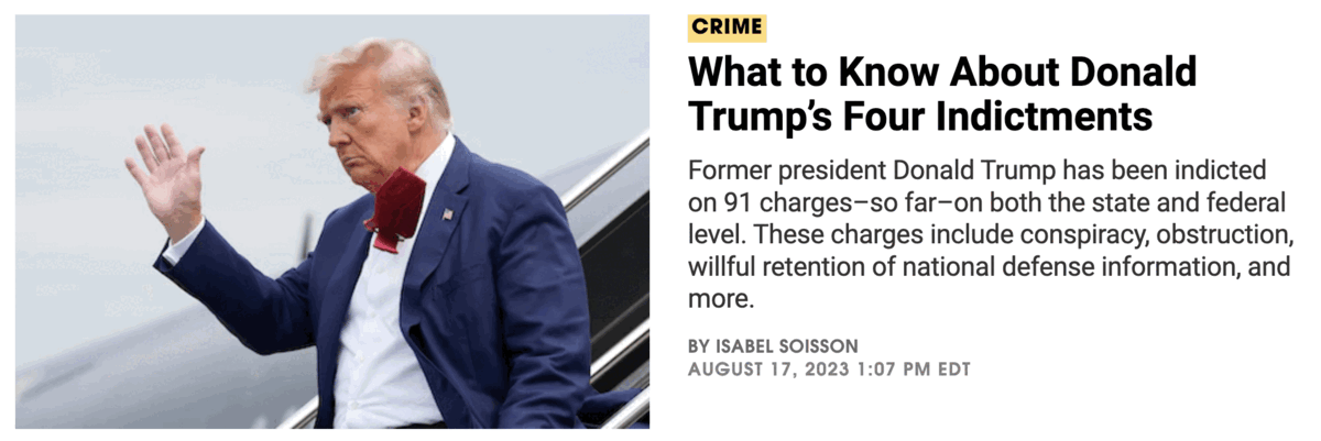 A series of rotating headlines highlighting Donald Trump's most recent indictment in Georgia and the three other cases where he's been indicted.
