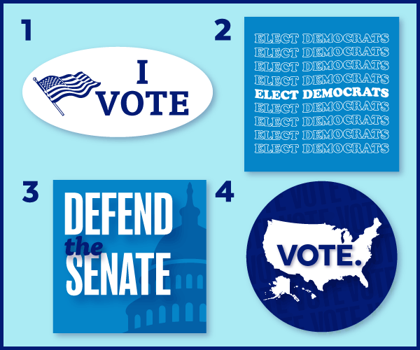 4 sticker designs - 1: 'I Vote', 2: 'Elect Democrats', 3: 'Defend the Senate', and 4: 'Vote.'
