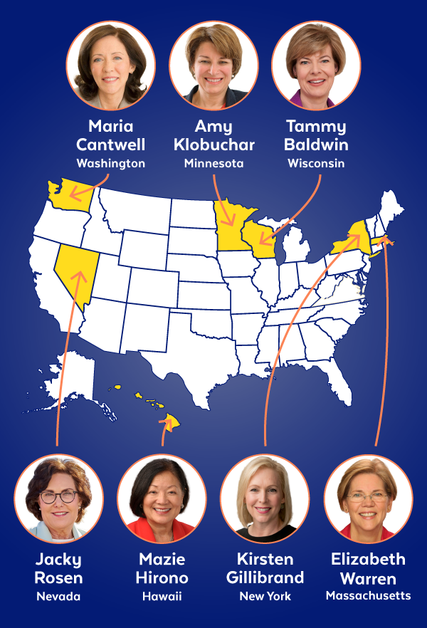 Elizabeth Warren (MA), Kirsten Gillibrand (NY), Mazie Hirono (HI), Amy Klobuchar (MN), Jackie Rosen (NV), Maria Cantwell (WA), Tammy Baldwin (WI)