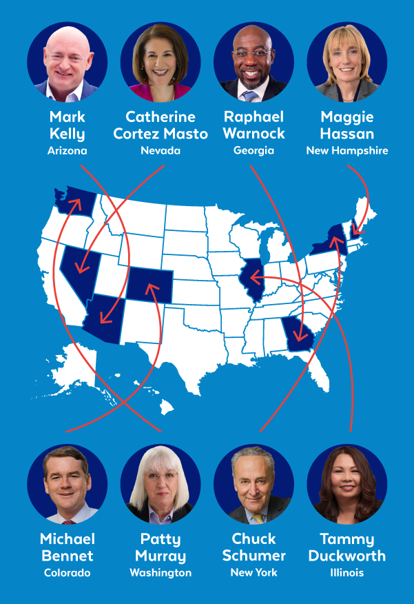 Kelly(AZ), Cortez Masto(NV), Warnock(GA), Hassan(NH), Bennet(CO), Murray(WA), Schumer(NY), Duckworth(IL)