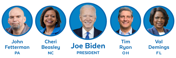 John Fetterman, Cheri Beasley, Joe Biden, Tim Ryan, and Val Demings