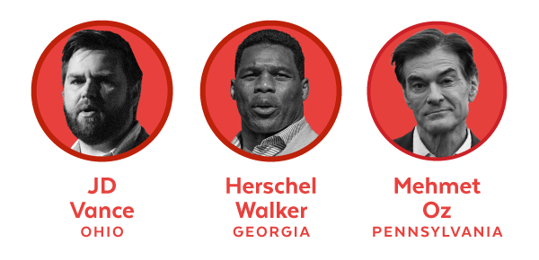 JD Vance (OH), Herschel Walker (GA), and Mehmet Oz (PA)