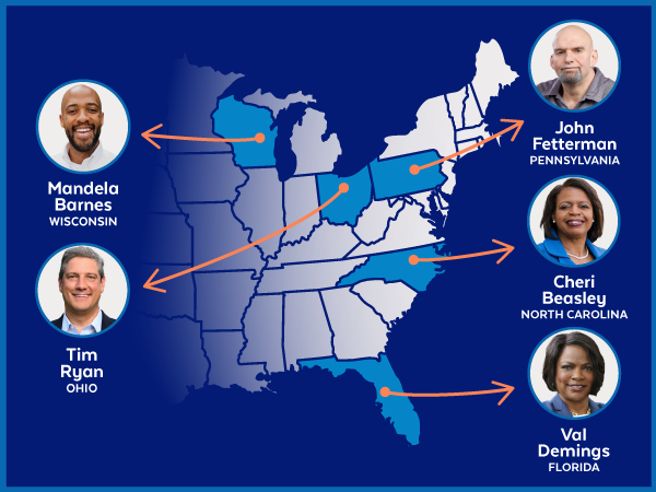 Fetterman (PA), Barnes (WI), Beasley (NC), Ryan (OH), Demings (FL)
