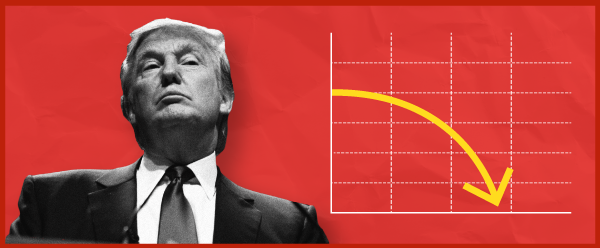 President Trump with a graph in a downward trend besides him