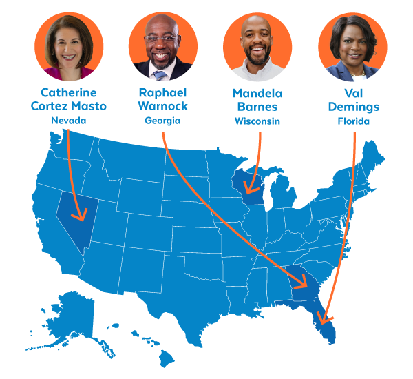 Catherine Cortez Masto (NV), Raphael Warnock (GA), Mandela Barnes (WI), Val Demings (FL)