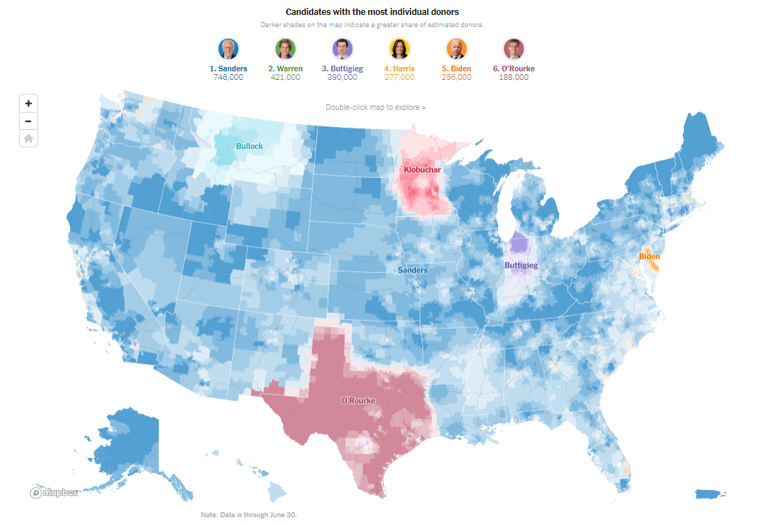 New York Times map of candidates with the most small-dollar donations