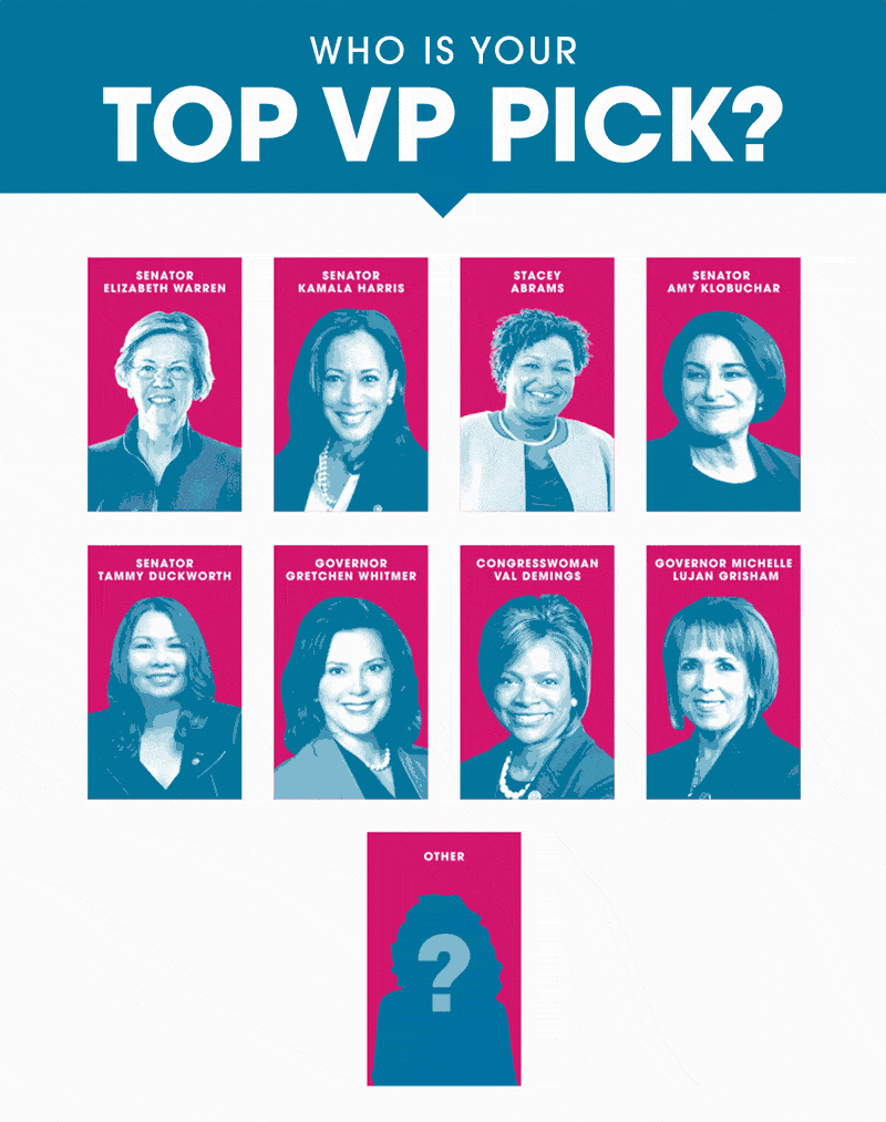 Congresswoman Val Demings, Governor Gretchen Whitmer, Governor Michelle Lujan Grisham, Mayor Keisha Lance Bottoms, Senator Amy Klobuchar, Senator Elizabeth Warren, Senator Kamala Harris, Senator Tammy Baldwin, Senator Tammy Duckworth, Stacey Abrams, Other