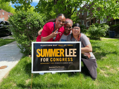 GIF with three images of Summer Lee canvassing with her supporters.