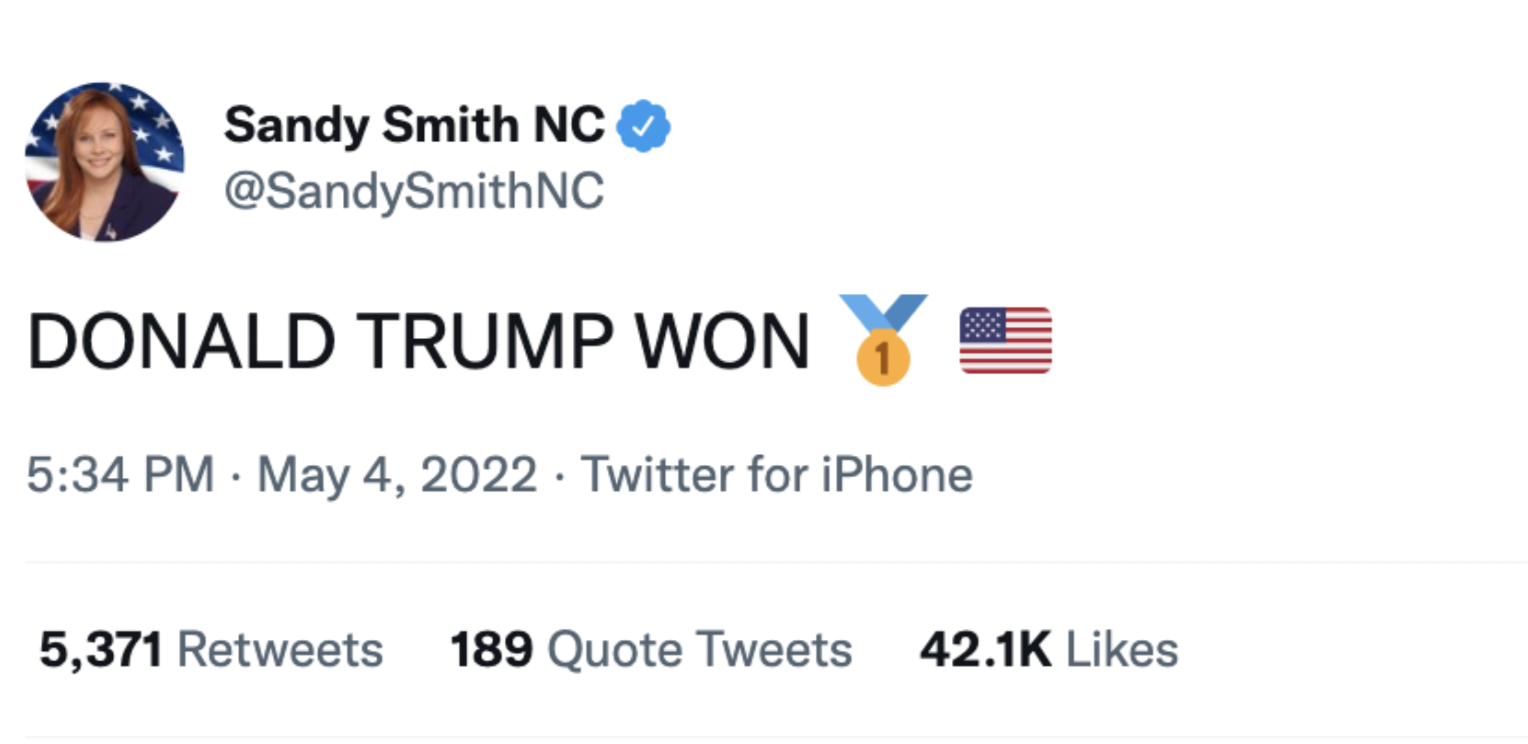 Screenshot of Sandy Smith tweet: 'DONALD TRUMP WON' Screenshot of Sandy Smith tweet: 'DONALD TRUMP WON'