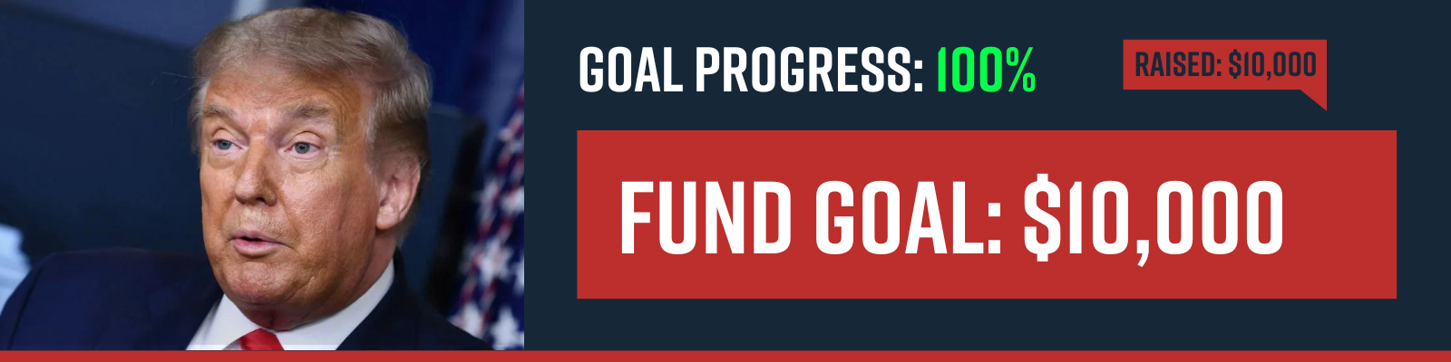 Full Thermometer, $10,000 goal met, image of Donald Trump looking surprised
